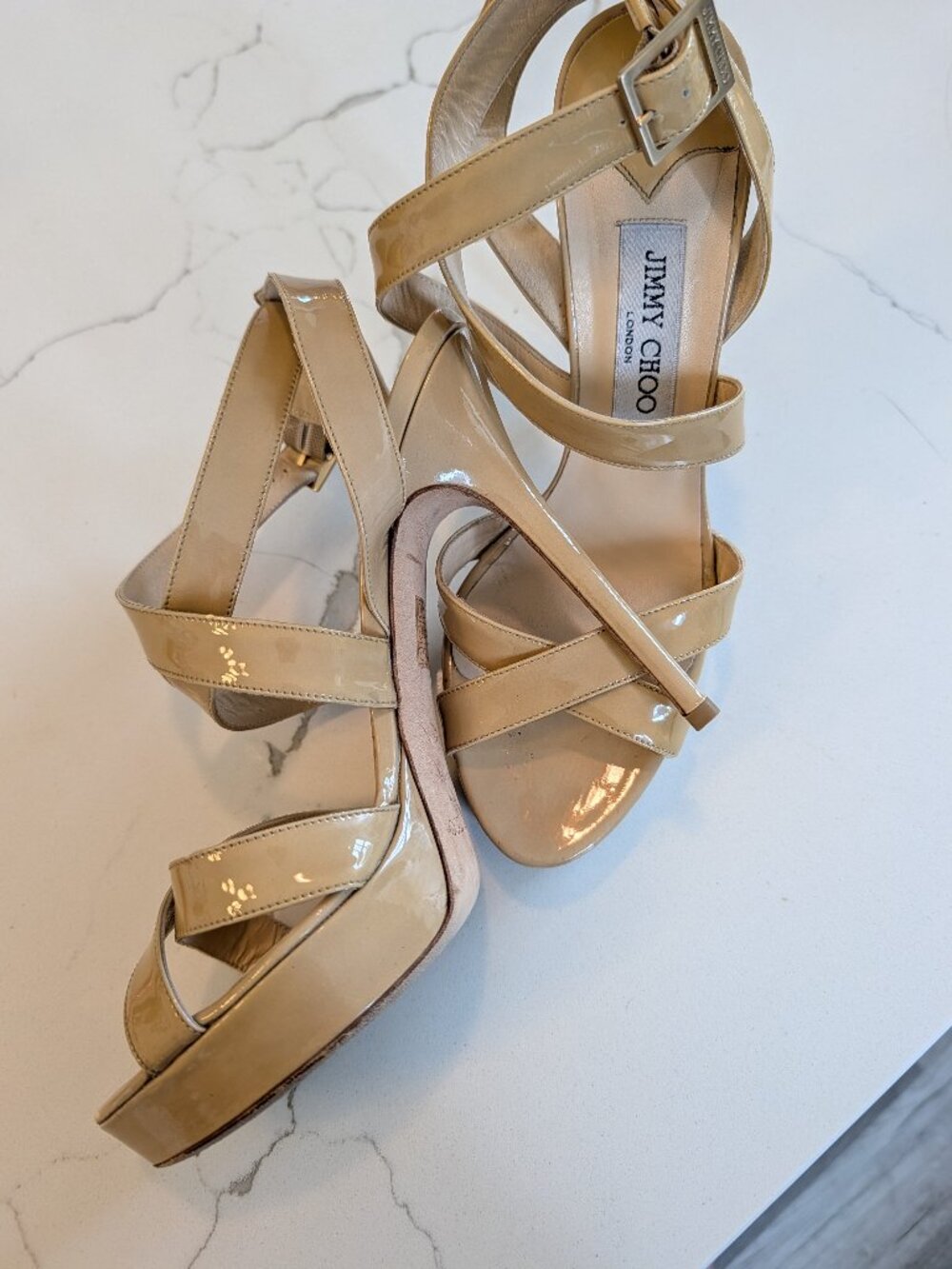 Jimmy Choo Platform Criss Cross Strap Patent Leather Platform Sandal 39.5